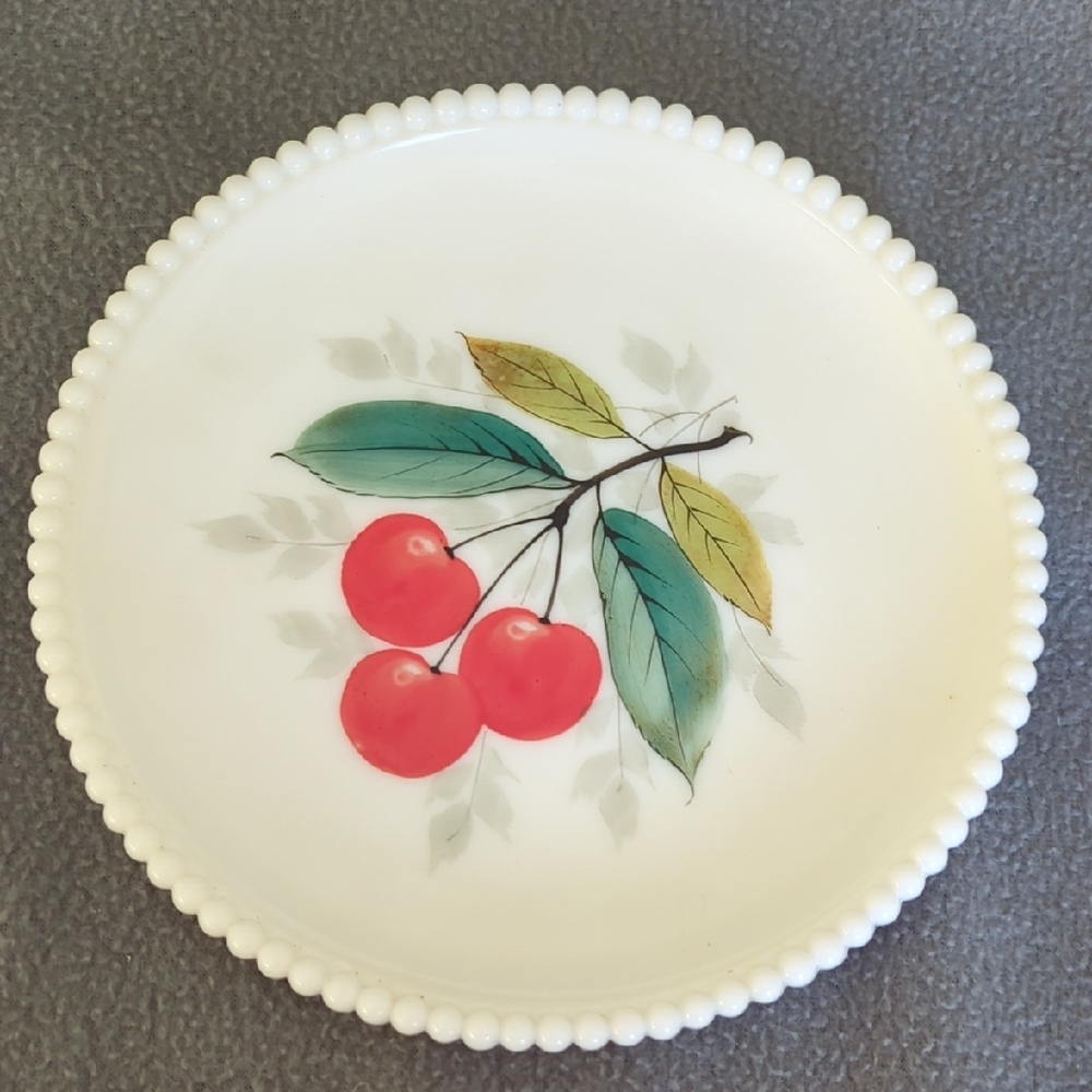 Vintage Milk Glass Painted Plate. Beaded Edge.